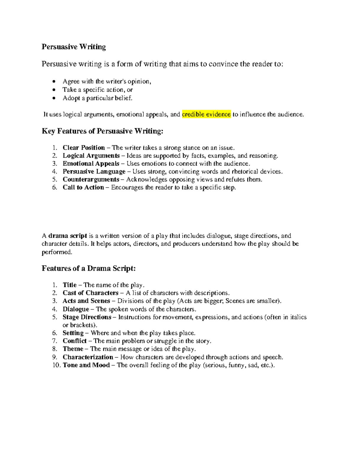 Persuasive Writing & Drama Script Overview - Studocu