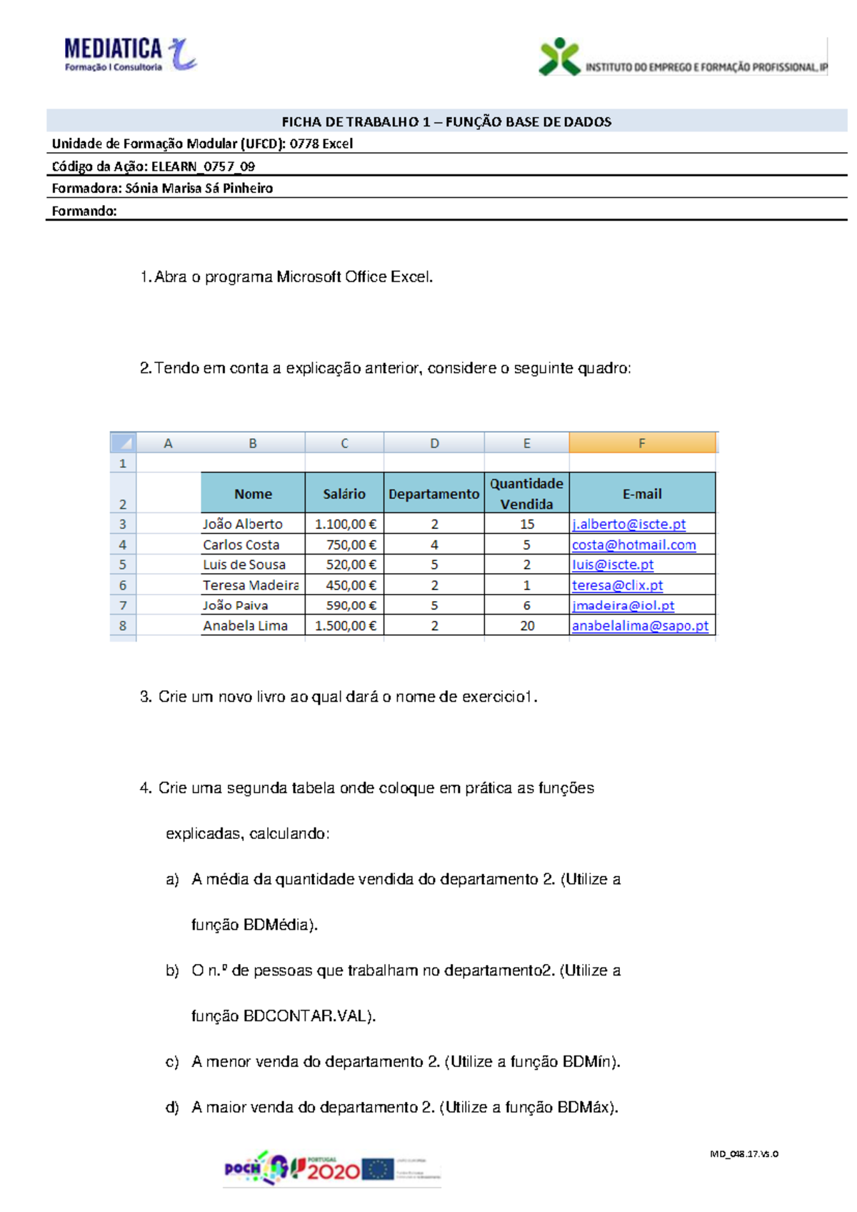 Ficha de Trabalho 1 - Exercícios sobre Funções no Excel - Document Preview