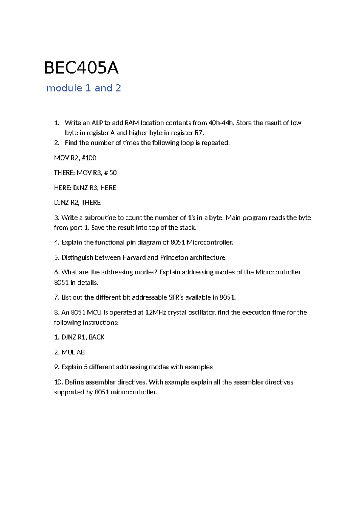 BEC405A Assignment: Key Questions from Modules 1 & 2 - Studocu