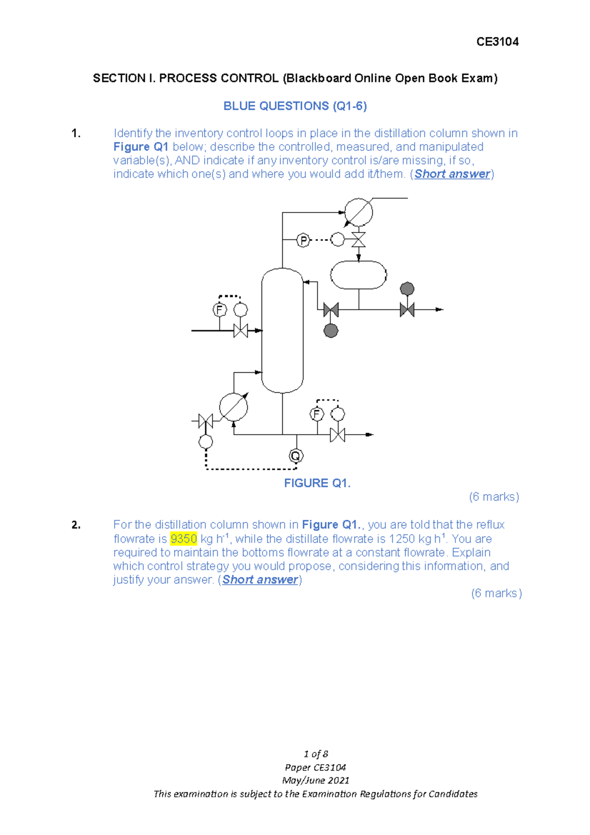 2. CE3104 Final EXAM Paper Questions 20-21 - SECTION I. PROCESS CONTROL ...