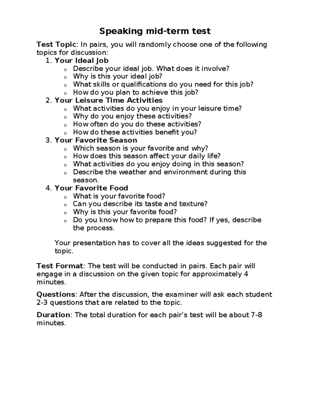 Speaking Mid-Term Test Topics for Discussion: Ideal Job, Leisure, and ...