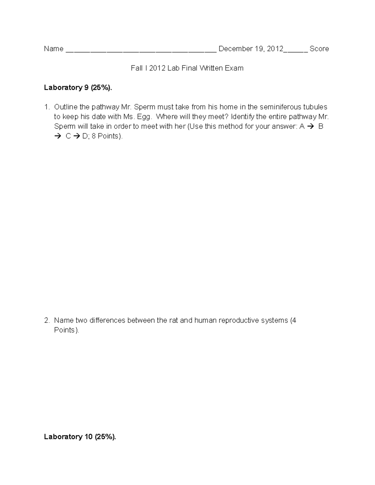 Fall I 2012 Lab Final Written Exam Review and Questions - Studocu