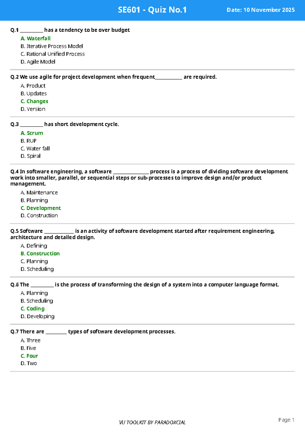 SE601 Quiz No.1 - Software Development Processes and Models - Studocu