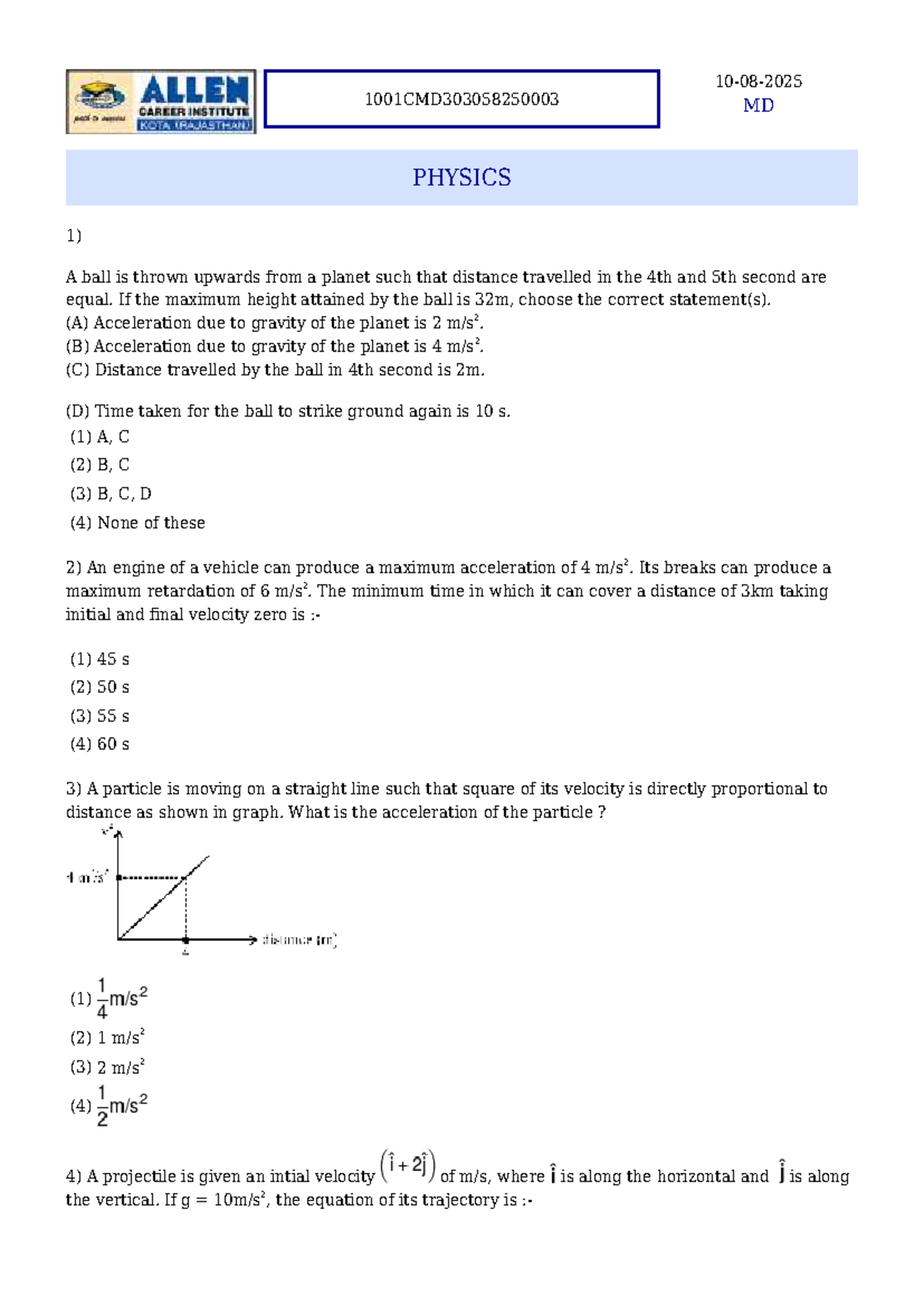 MD PHYSICS: Solution to Allen Test Paper on Motion and Forces - Studocu