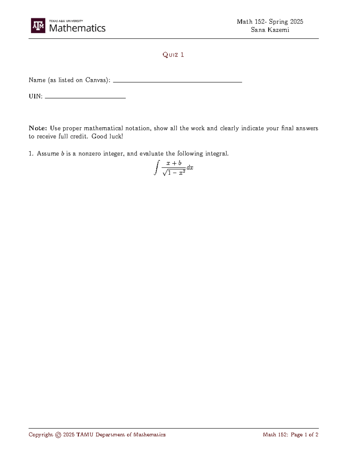 Quiz 1 - Math 152 Spring 2025 Integral Evaluation Guide - Studocu