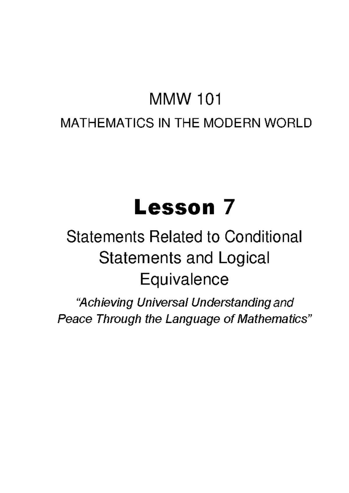 MMW 101 Lesson 7 - Conditional Statements & Logical Equivalence - Studocu