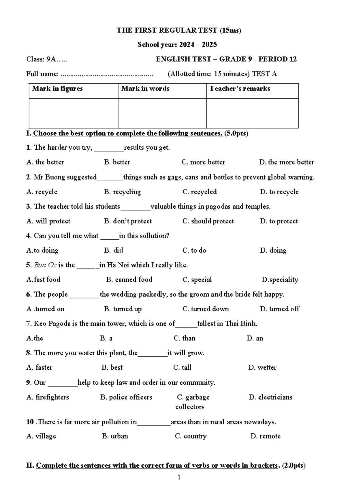 ENGLISH TEST GRADE 9: FIRST REGULAR TEST (15 mins) - Studocu