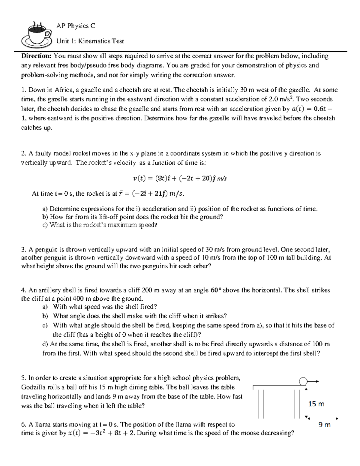 AP Physics C Unit 1: Kinematics Practice Test 3 - Studocu