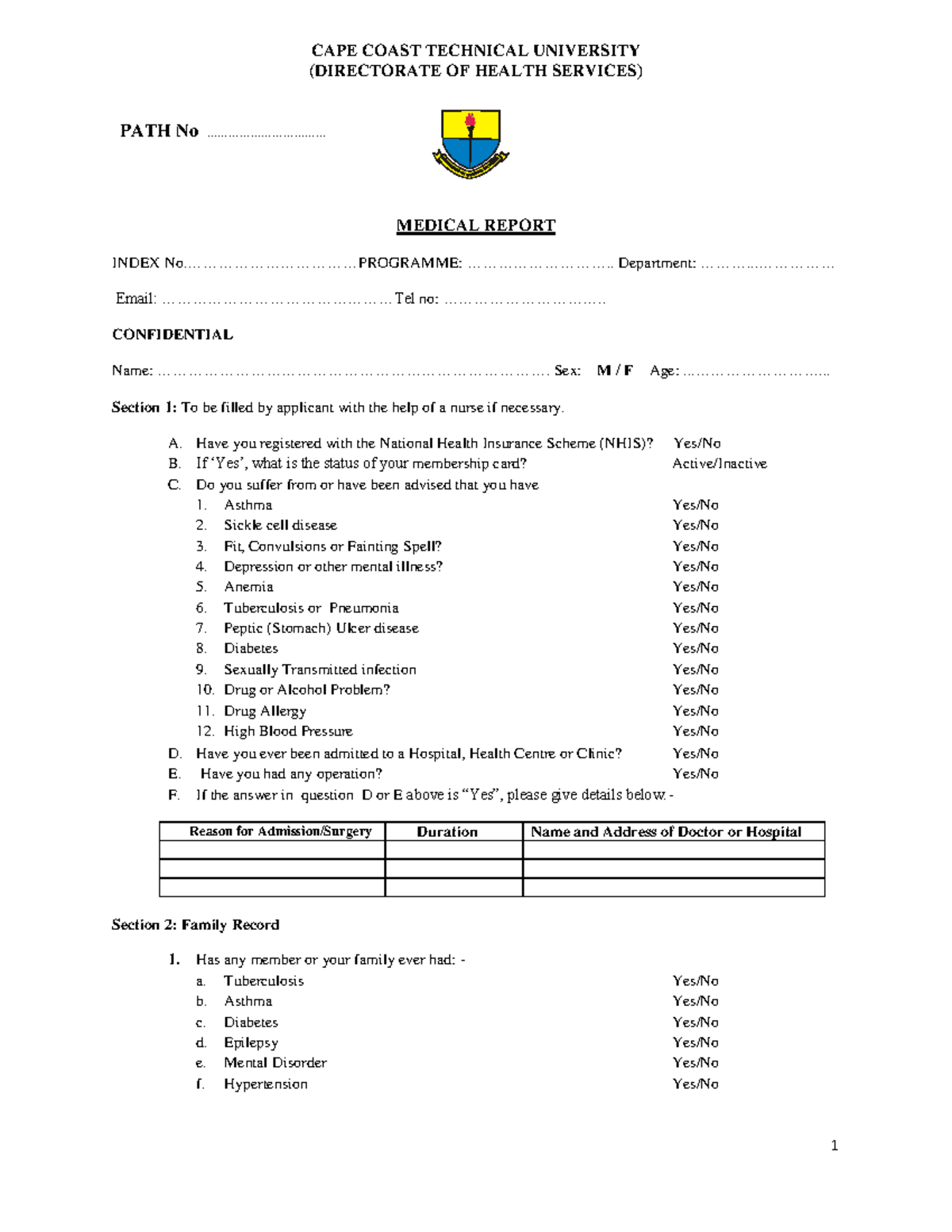 Medical screening forms freshers - 1 CAPE COAST TECHNICAL UNIVERSITY ...