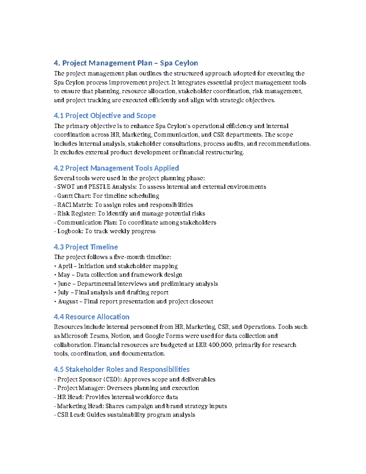 4. Project Management Plan for Spa Ceylon: Process Improvement - Studocu