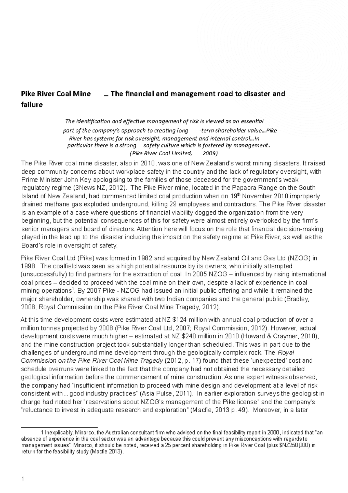 Assessment 2 Pike River Coal Mine Case Study - The Pike River coal mine ...