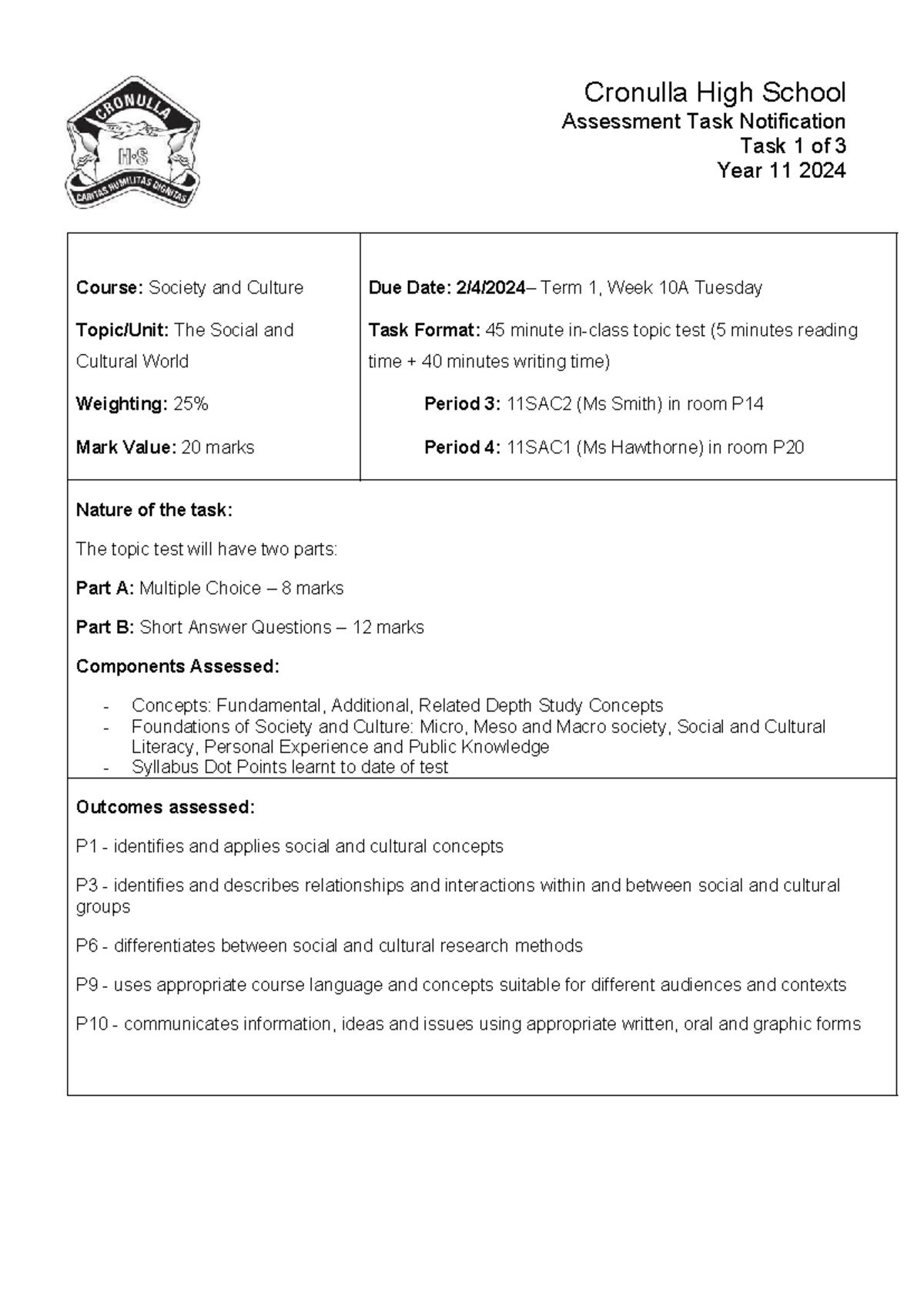 2024 SAC Year 11 Topic Test Notification - Task 1 of 3 - Studocu
