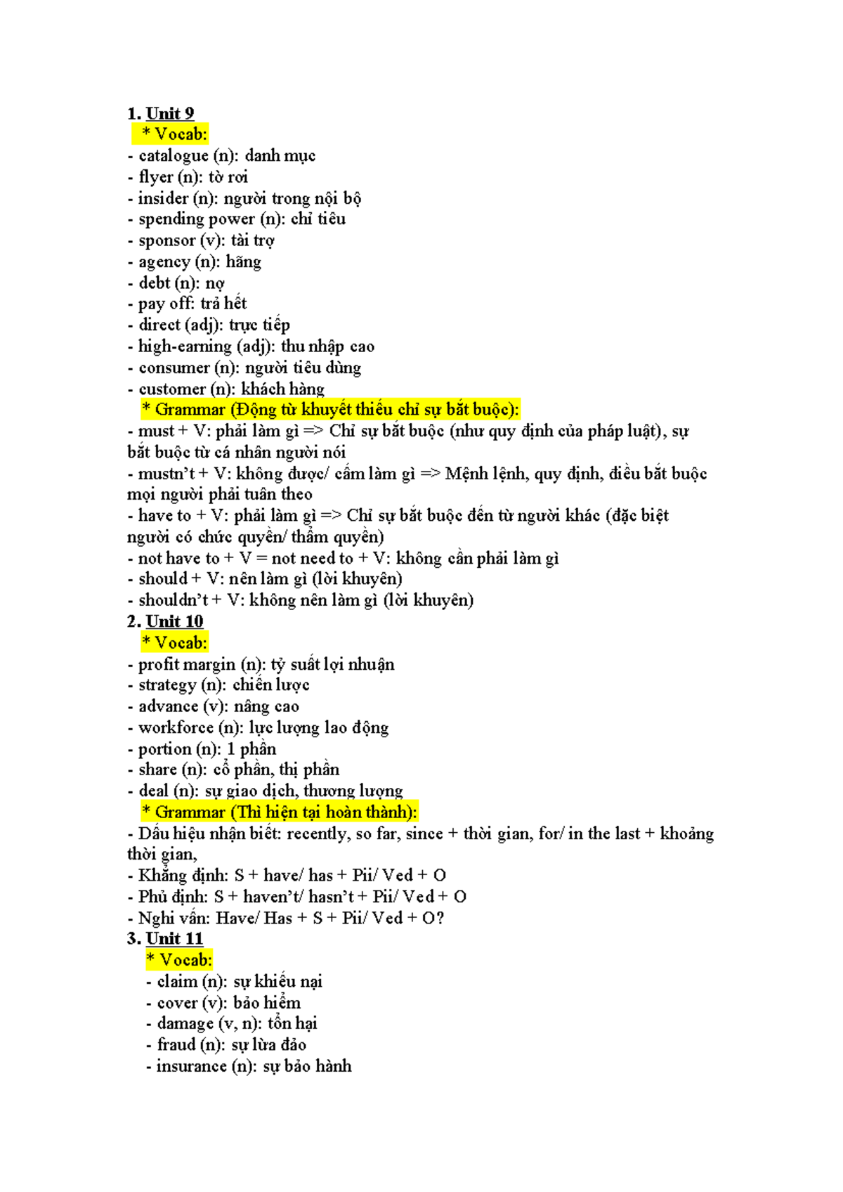 TACB2 - Unit 9 to 11 Vocabulary and Grammar Notes - Studocu