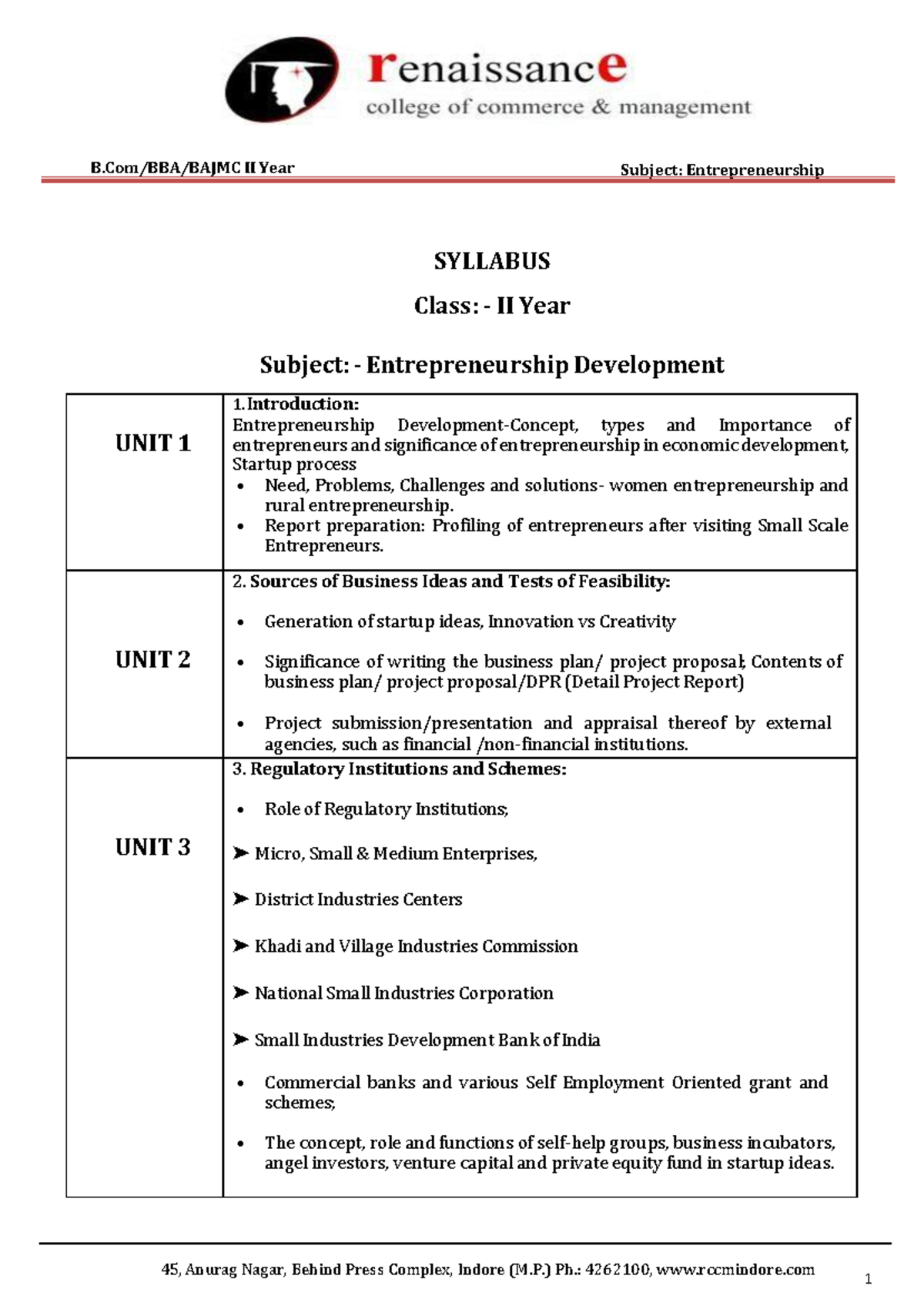 II Year Subject: Entrepreneurship Development - Comprehensive Syllabus ...