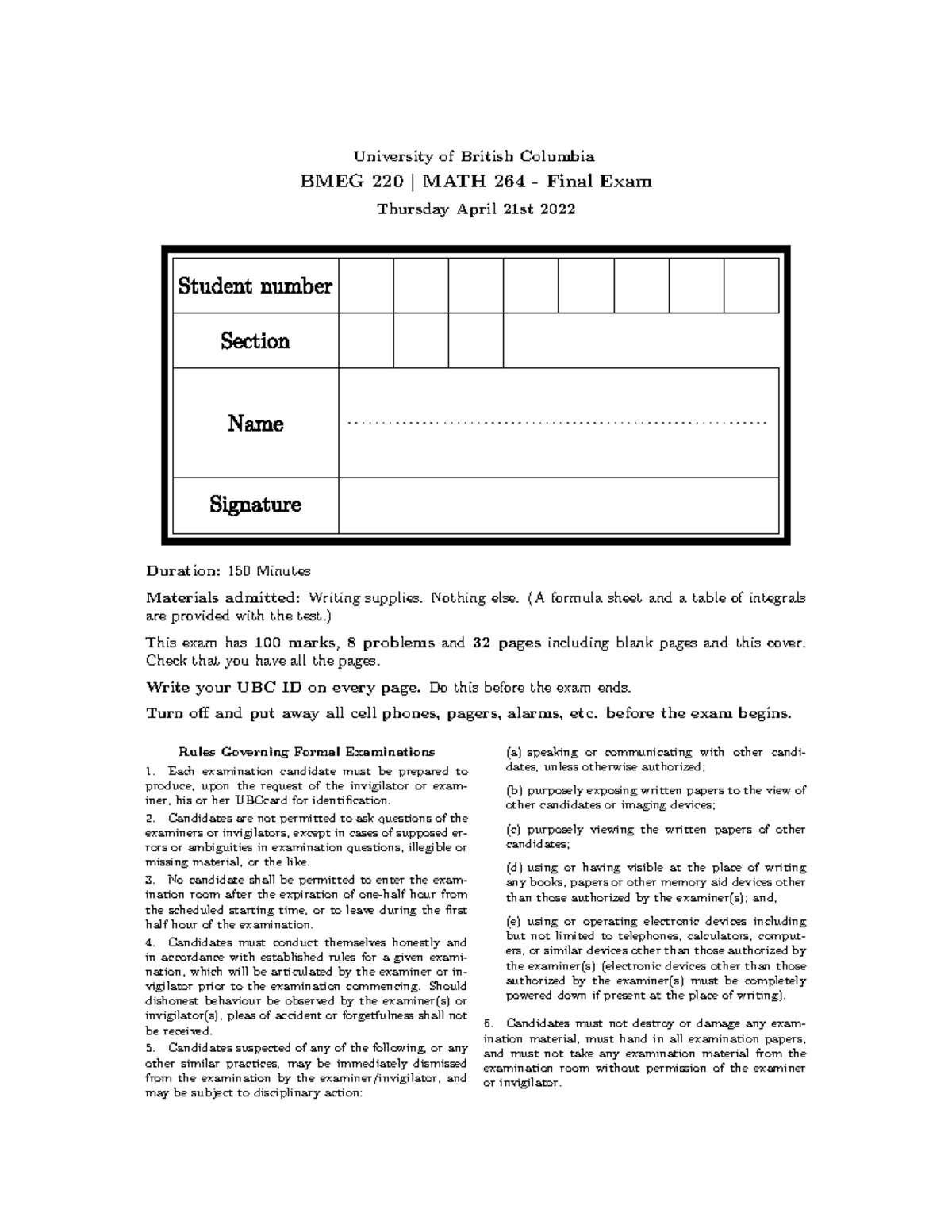 2021W2 BMEG 220 MATH 264 Final Exam Guidelines and Instructions - Studocu