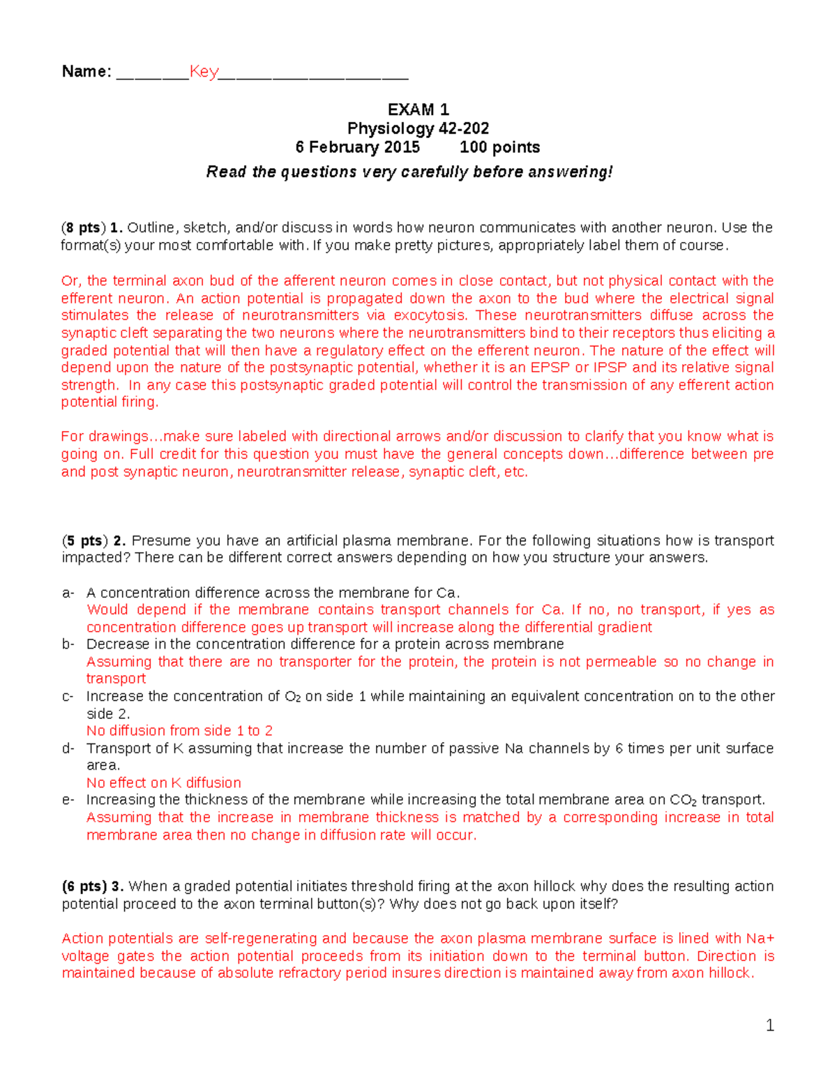 Exam 1 Solutions for Physiology (Course Code: PHYS 101) - February 2015 ...