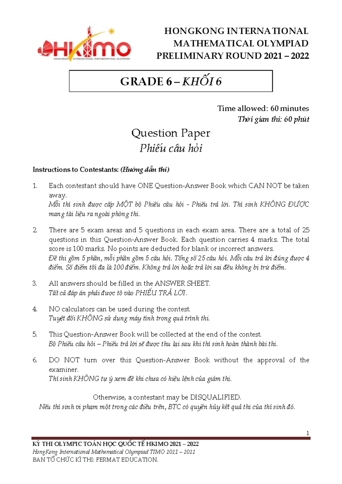 HKIMO 2021-2022 Grade 6 Preliminary Round Exam Paper - Studocu