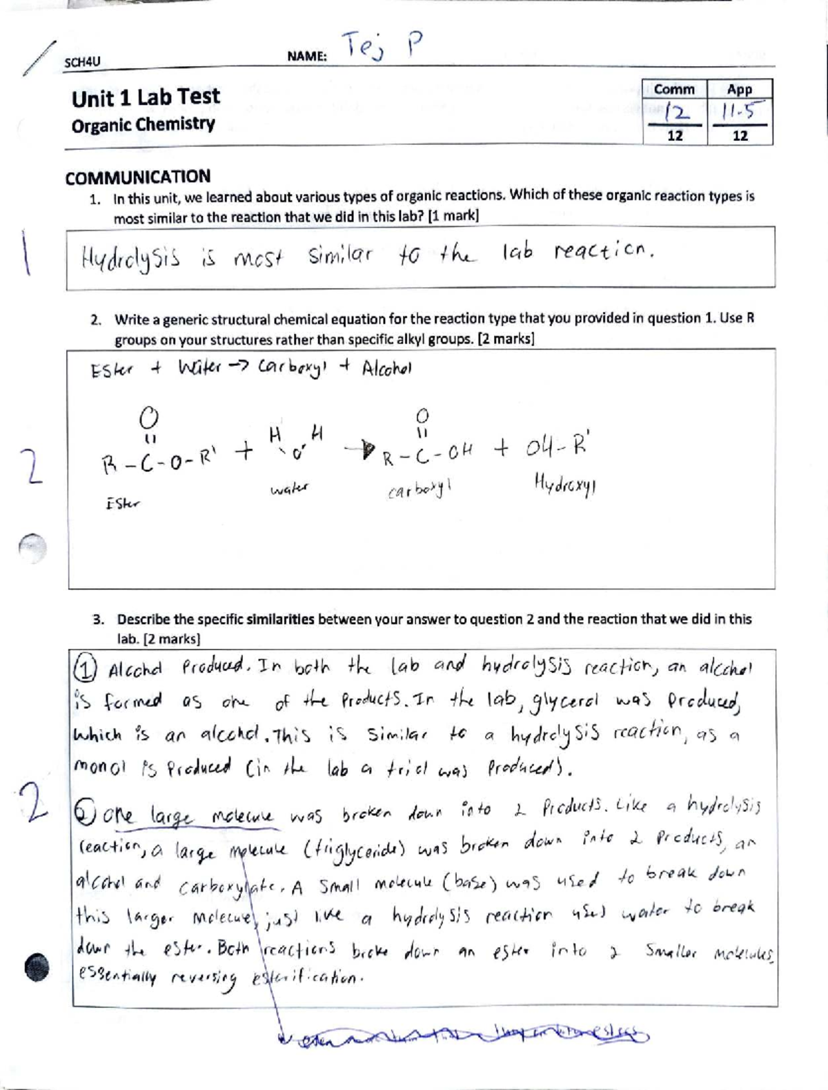 SCH4U Unit 1 Lab Report: Organic Chemistry Reactions Analysis - Studocu