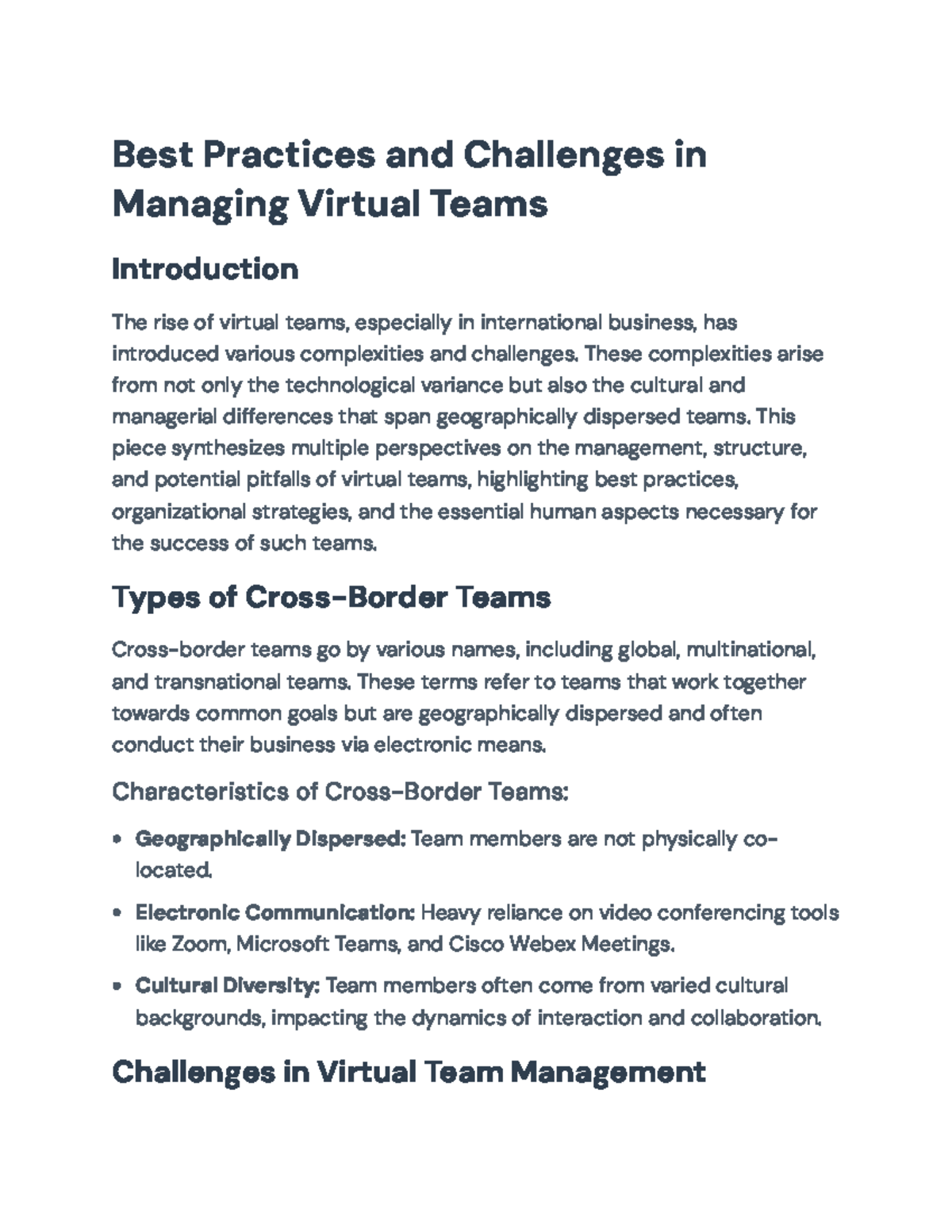 Best Practices and Challenges in Managing Virtual Teams (MNGT 301 ...