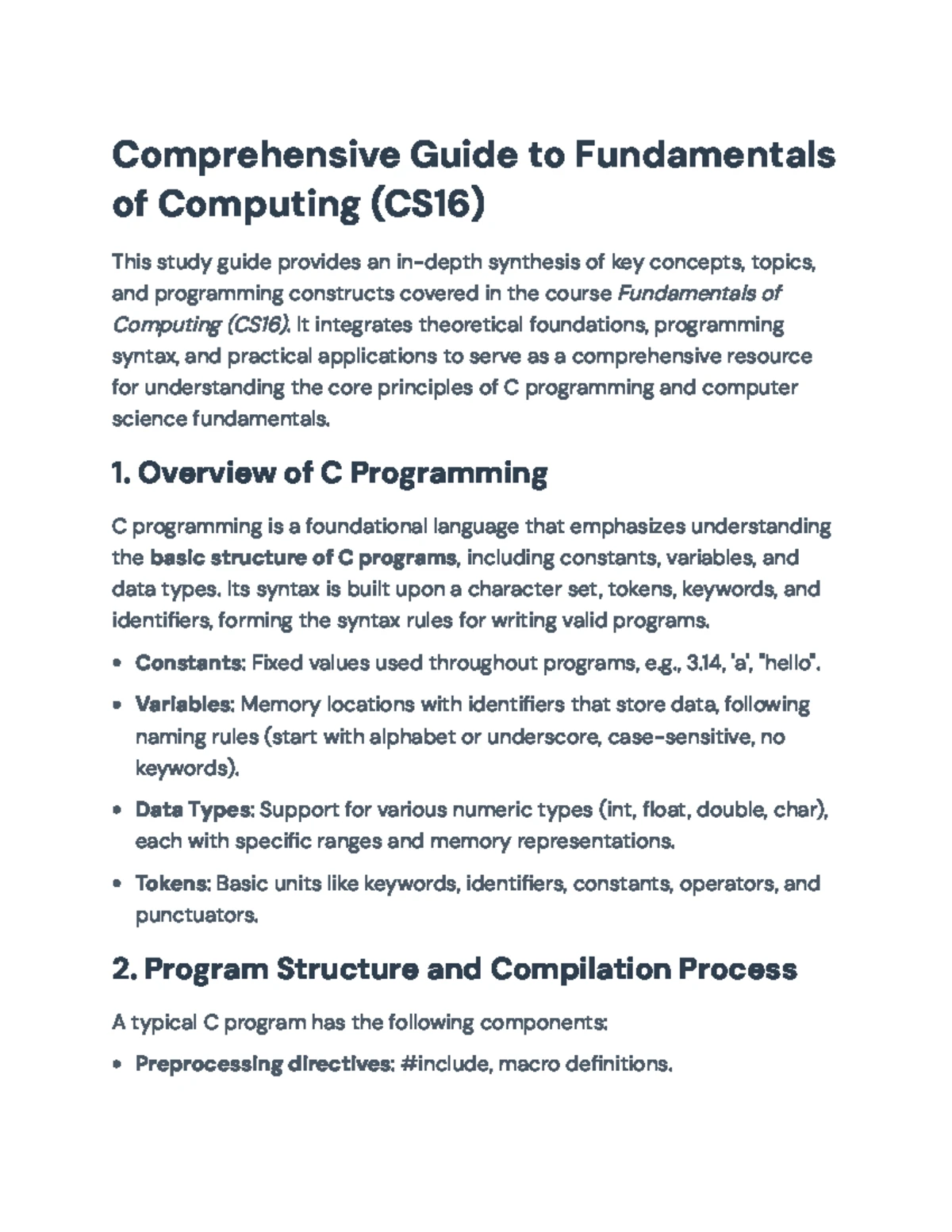 Comprehensive Guide to C Programming Fundamentals (CS16) - Studocu