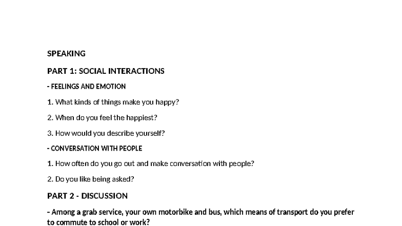 SPEAKING PART 1 & 2: SOCIAL INTERACTIONS & TRANSPORT CHOICES - Studocu