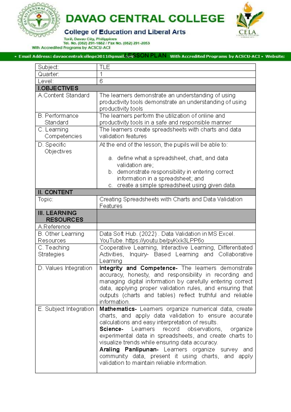 EPP 1 6 Semi Detailed Lesson Plan: Creating Spreadsheets & Charts - Studocu