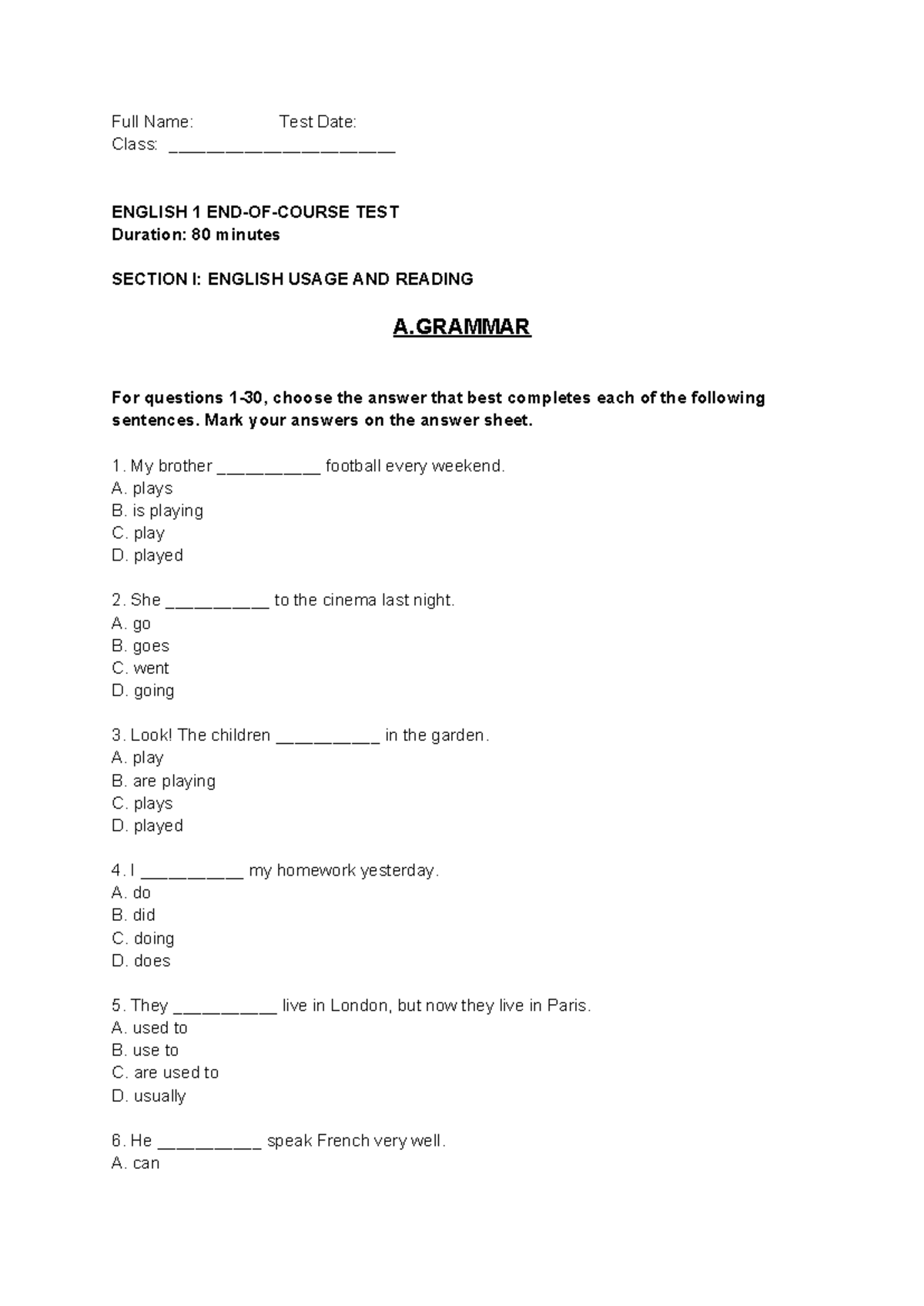 Final Test - English 1 (Group 4) - Studocu