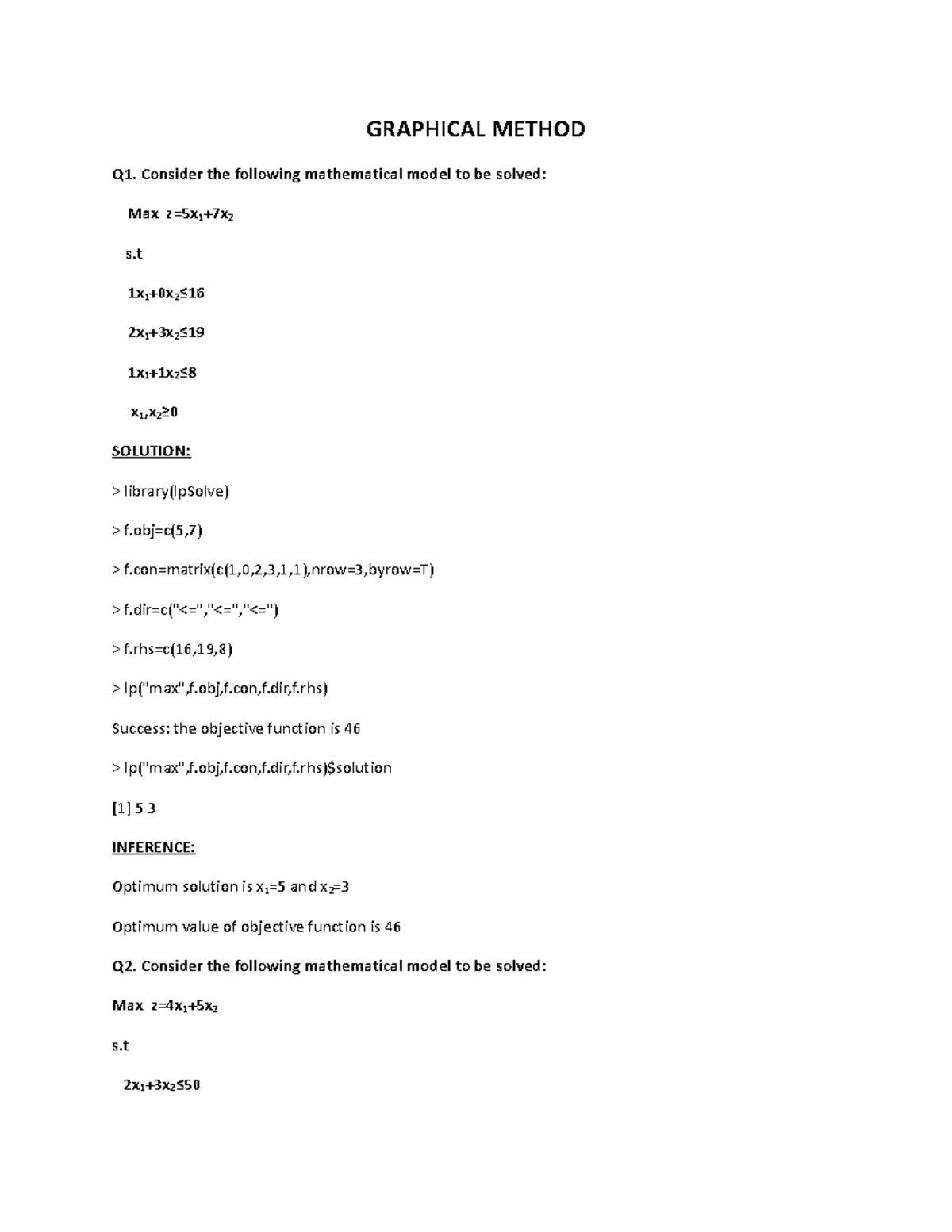 OR - Operation Research: Graphical & Simplex Method Solutions - Studocu