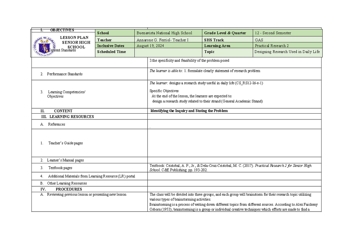 Lesson%20PLAN%20AUG%2019 - I. OBJECTIVES A. Content Standards The ...