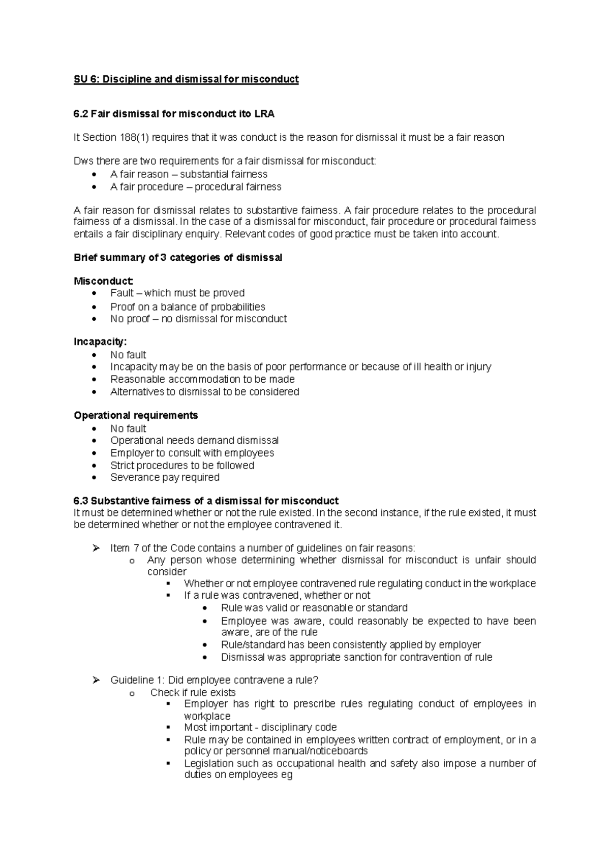 SU 6: Fair Dismissal for Misconduct - Guidelines and Procedures - Studocu
