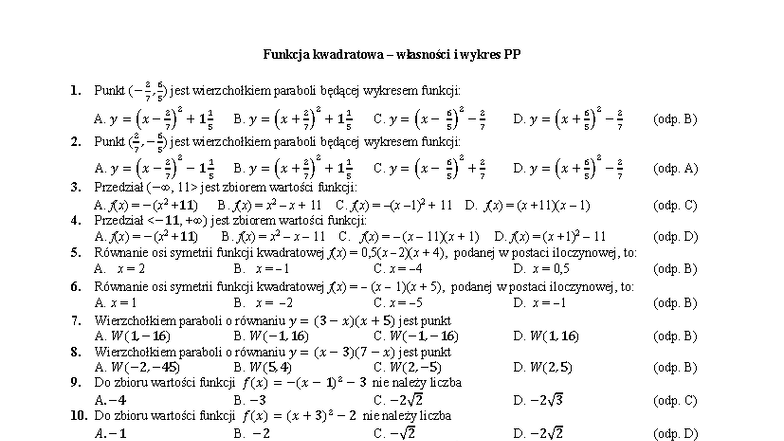 Funkcja kwadratowa: Własności i Wykres - Zadania do SP1 Klasa 2 PP