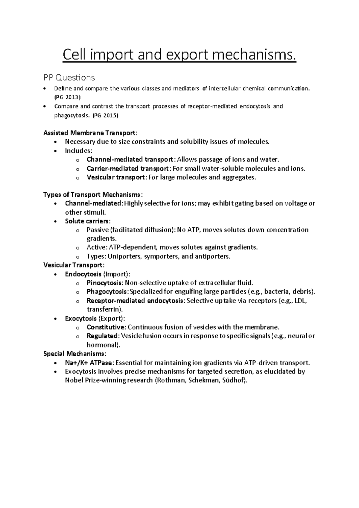 Cell import and export mechanisms - PP Questions Define and compare the ...