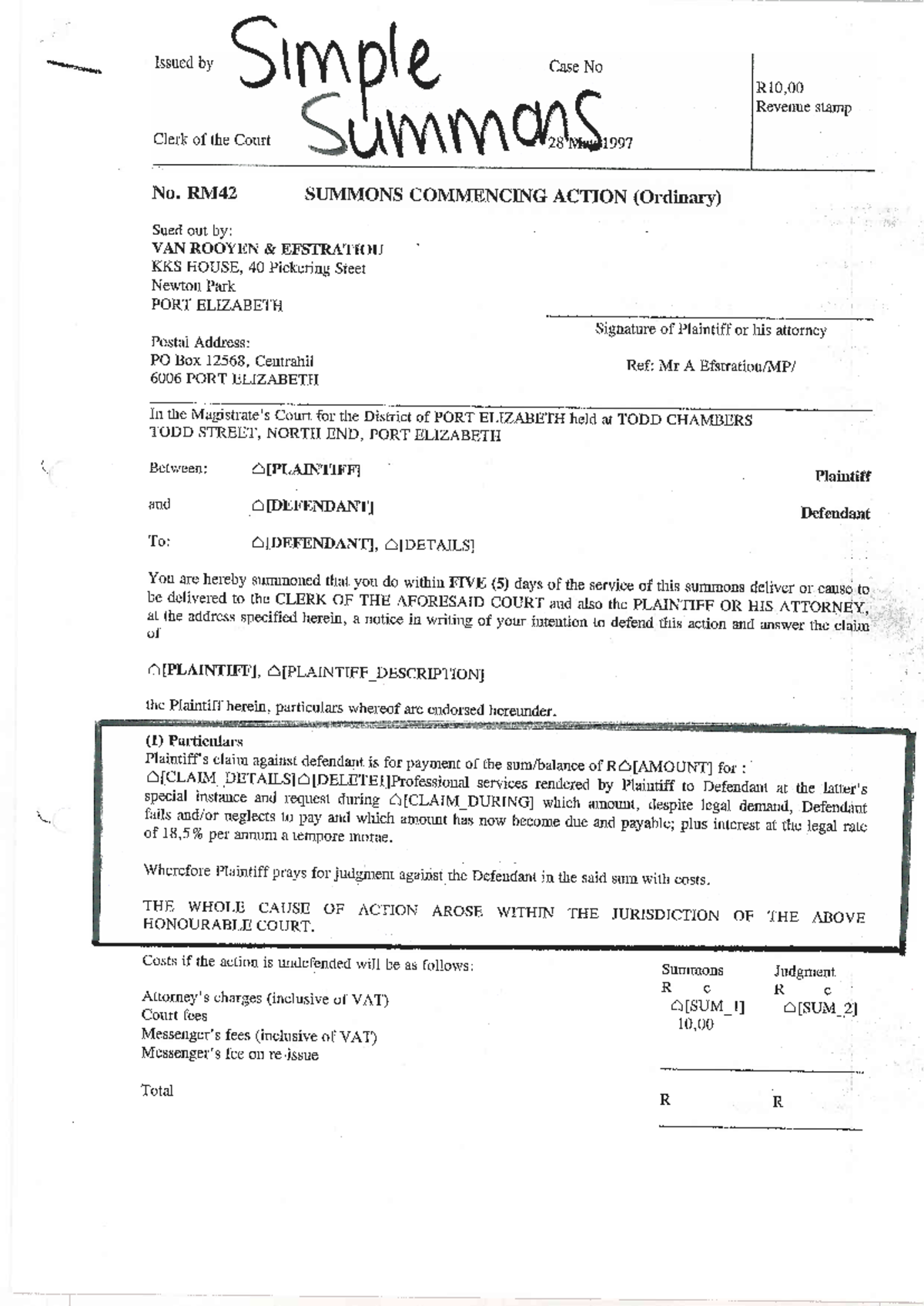 Legal Document - Summons Commencing Action (Ordinary) - Case No R10.00 ...