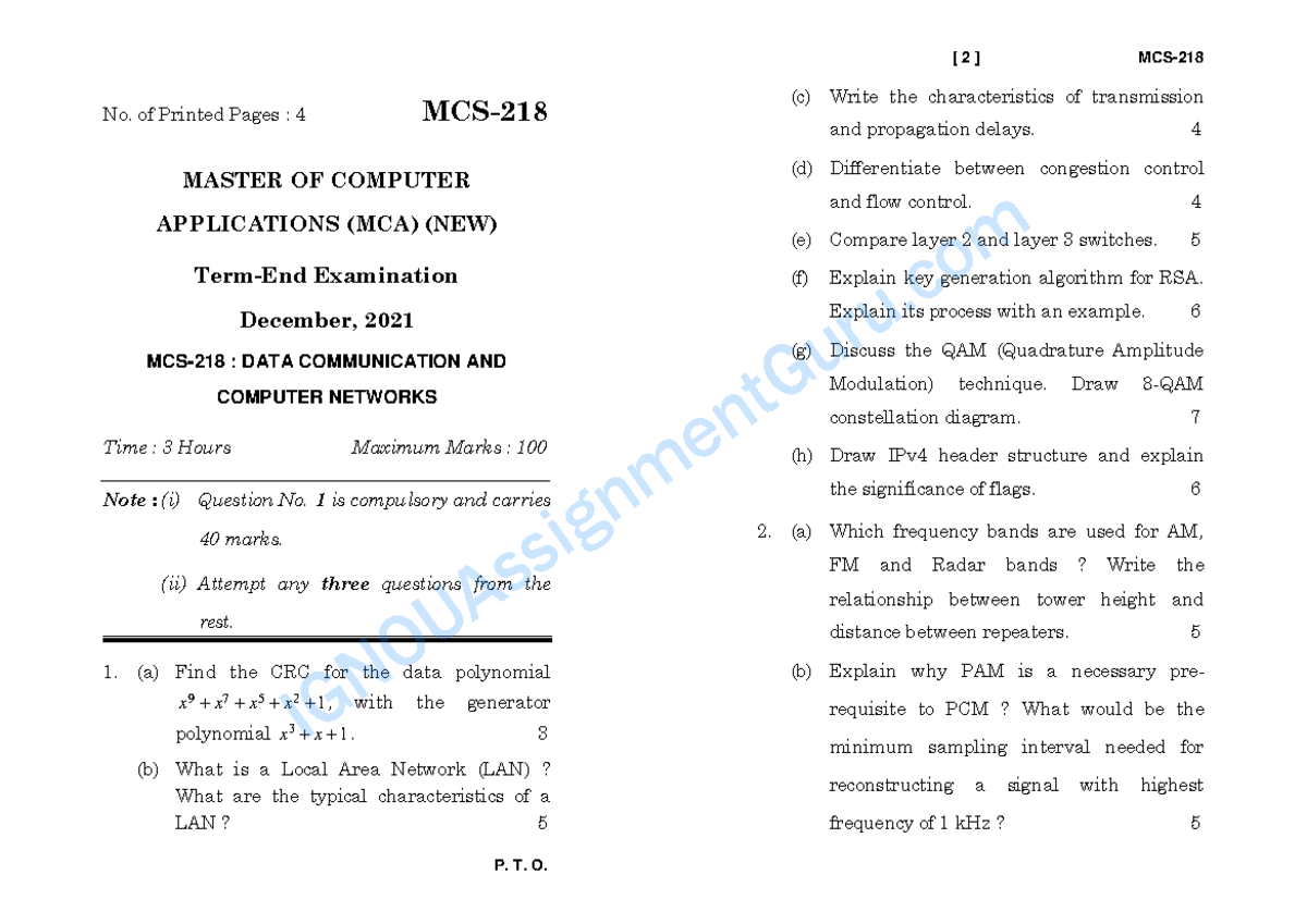 MCA MCS-218: Data Communication and Computer Networks Exam Notes (2010 ...