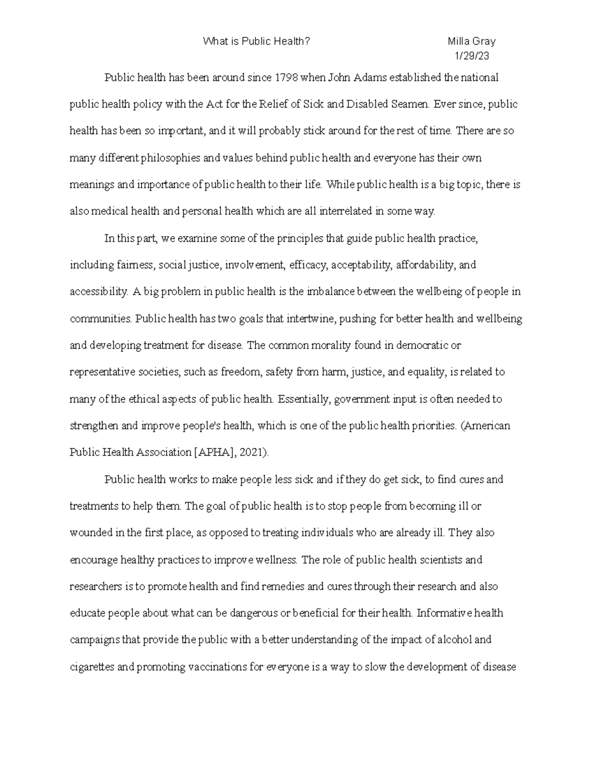 Gray M Essay #1: Understanding the Role of Public Health - Studocu