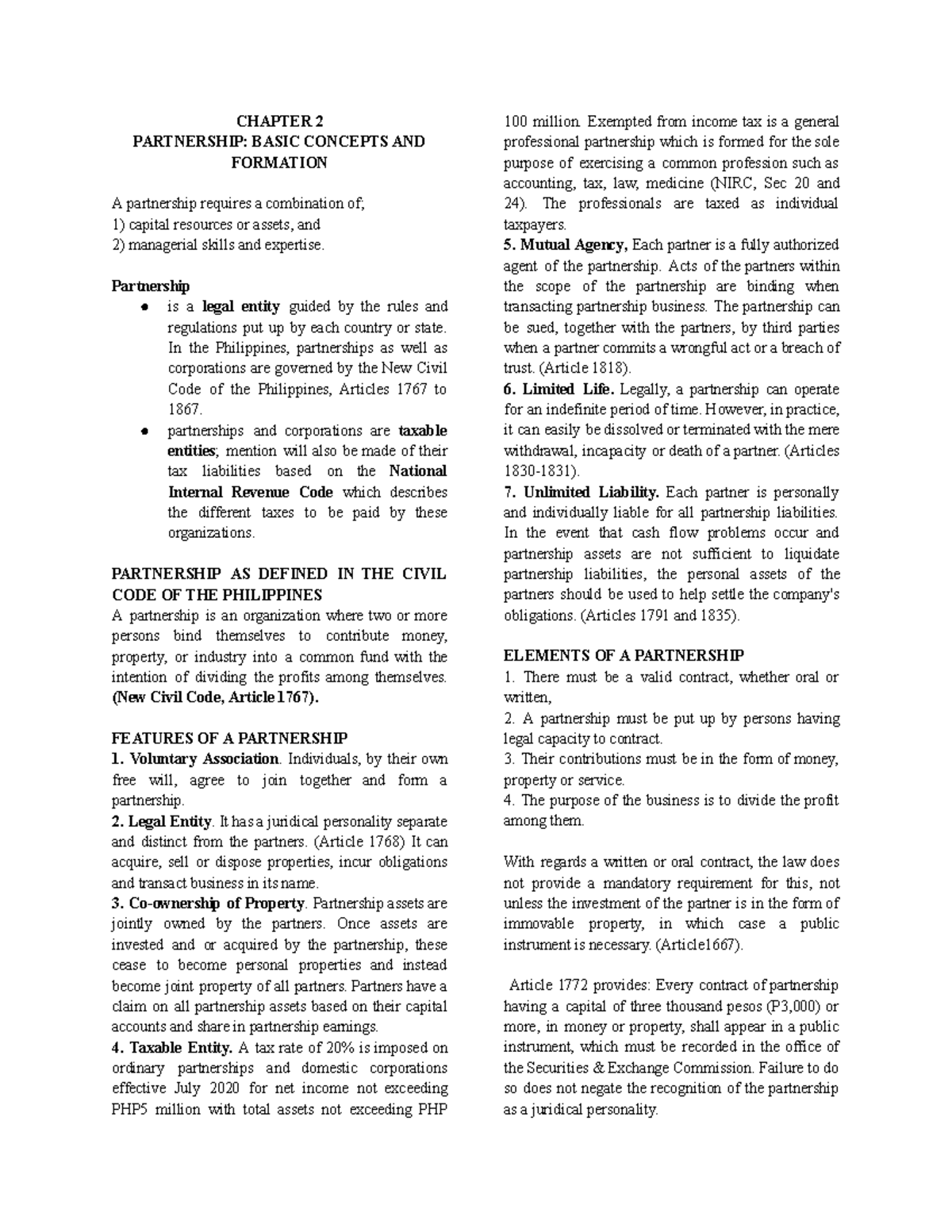 CHAP 2 PARTNERSHIP: BASIC CONCEPTS & FORMATION NOTES - Studocu
