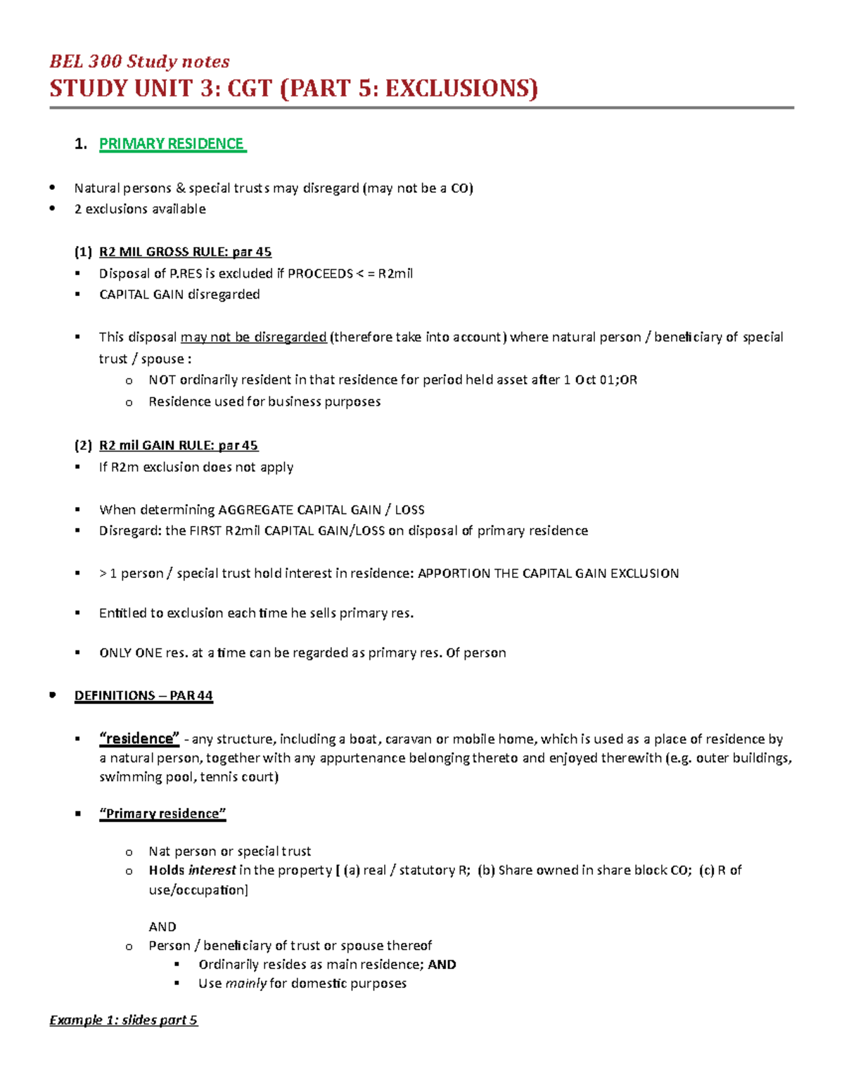 CGT-Study Notes on Primary Residence & Small Business Exclusions - Studocu