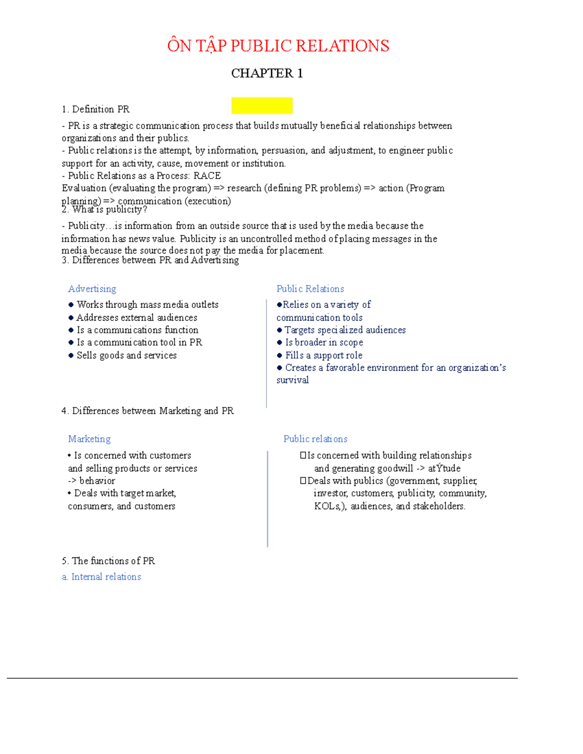ÔN TẬP PUBLIC RELATIONS CHAPTER 1-7: Key Concepts & Strategies - Studocu