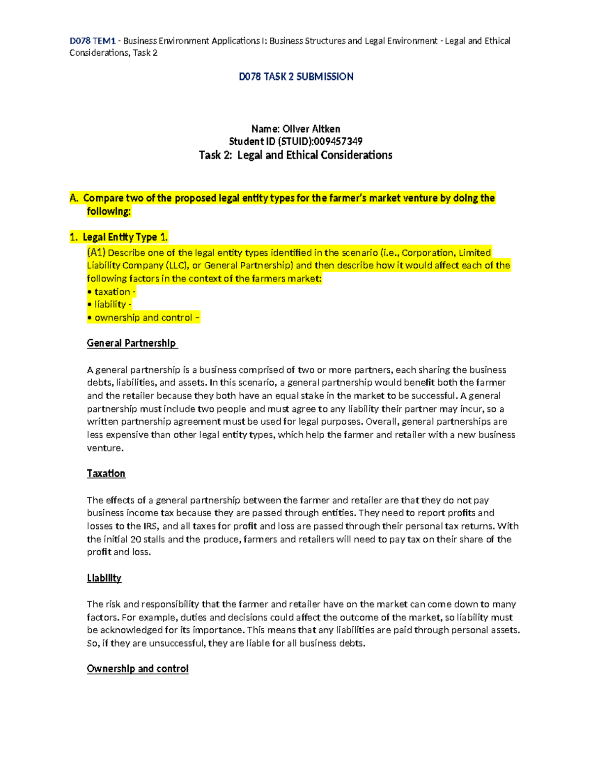 D078 Task 2 org legal and ethics - D078 TEM1 - Business Environment ...