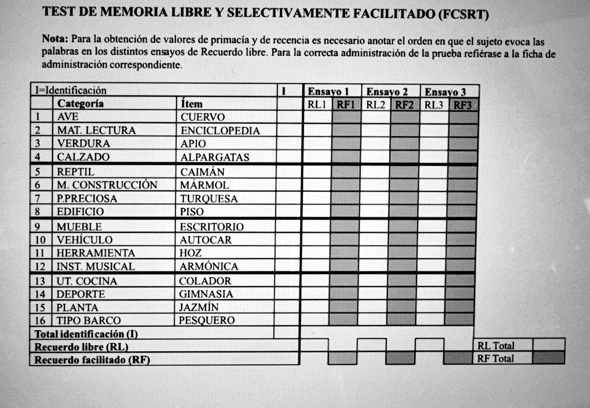 Hoja respuestas Fcsrt - TEST DE MEMORIA LIBRE Y SELECTIVAMENTE ...
