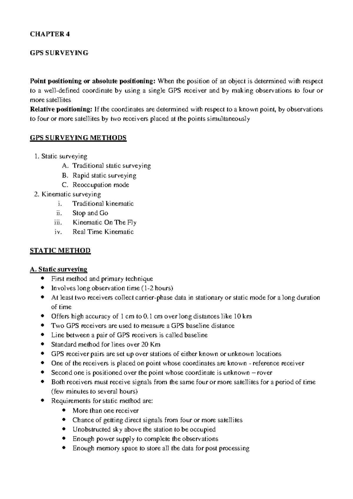 GPS Surveying Techniques and Methods - Geomatics CH 4 Notes - Studocu