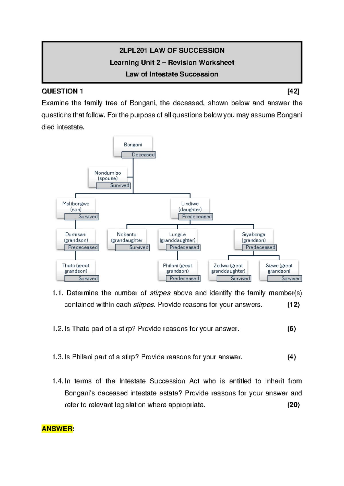 Succession Law Test 1 2021: 2LPL201 Question Paper Analysis - Studocu