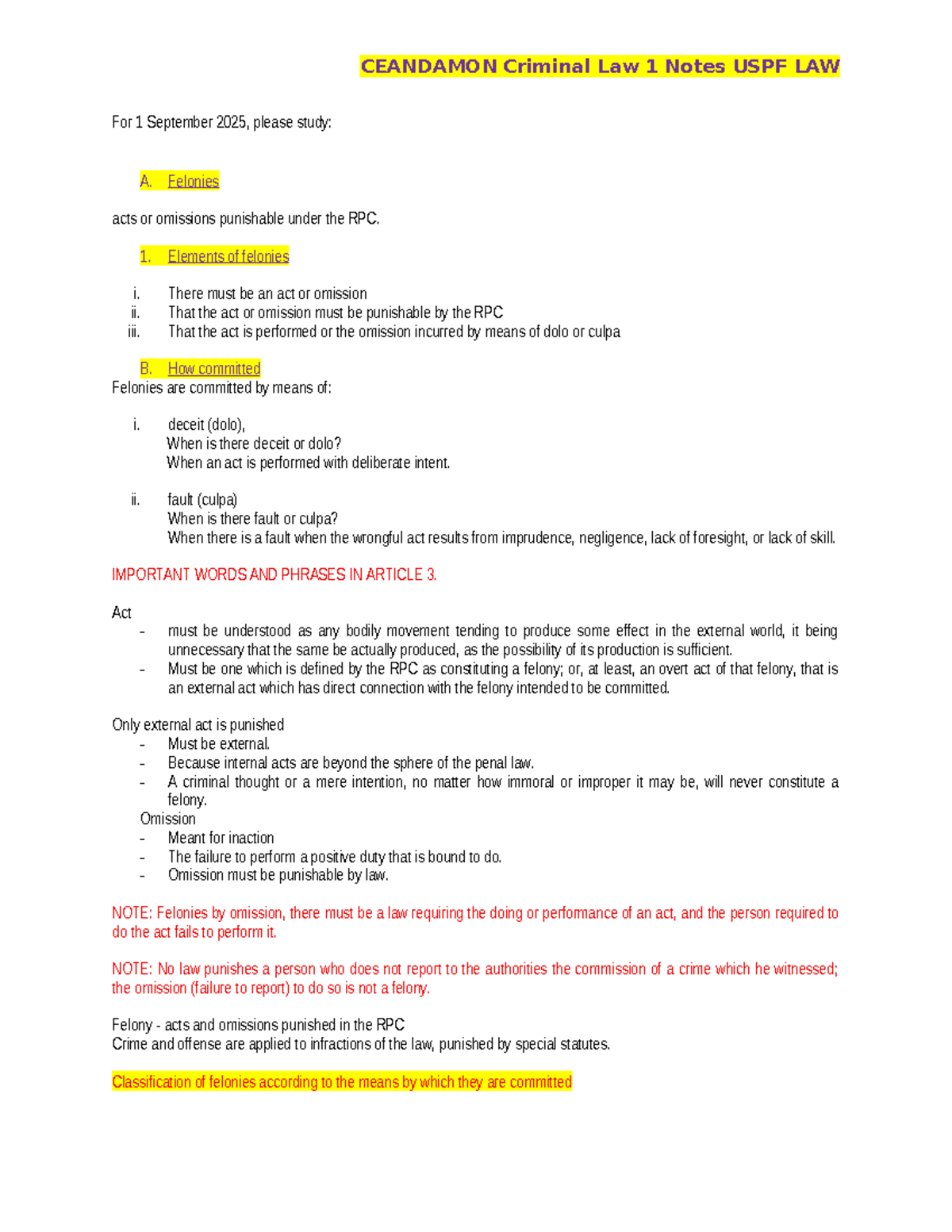 CEANDAMON Criminal Law 1 Notes - Key Concepts and Definitions - Studocu