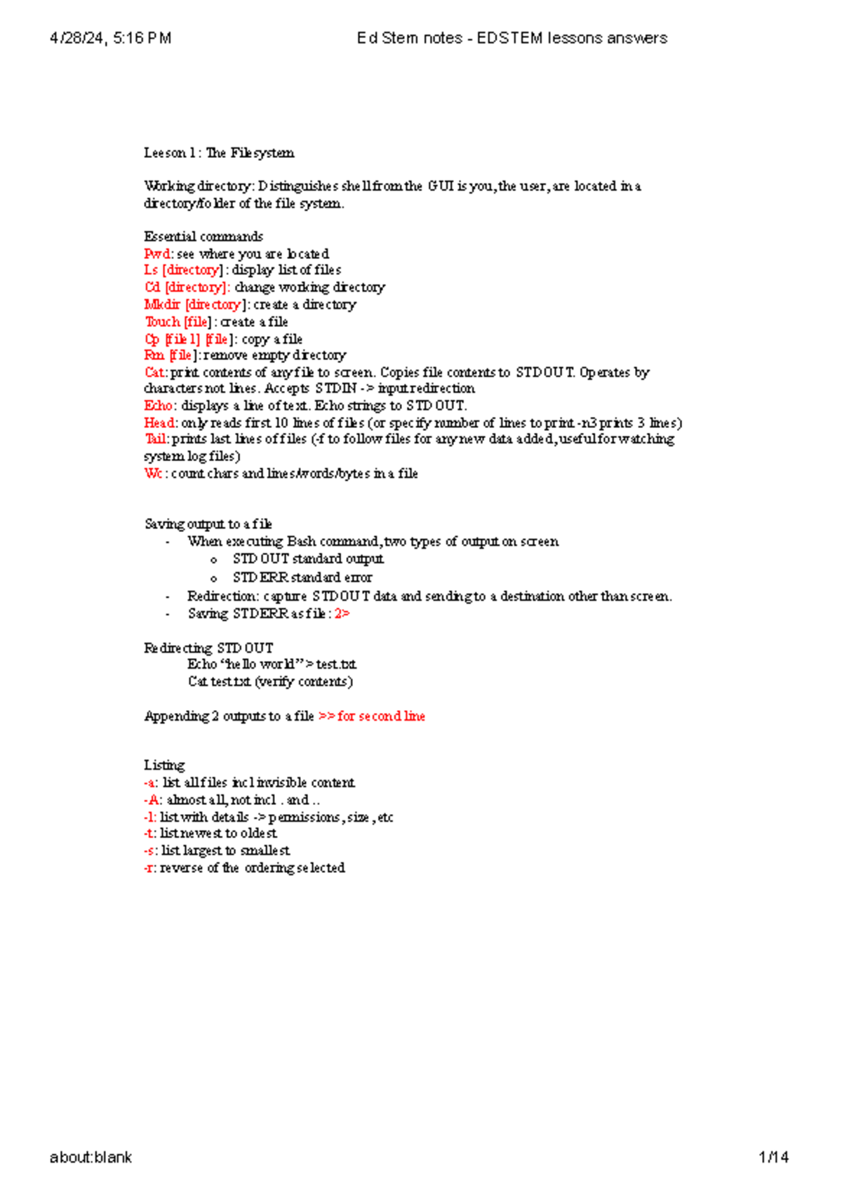Ed STEM Notes - Answers for Edstem Lessons on Filesystem Commands - Studocu