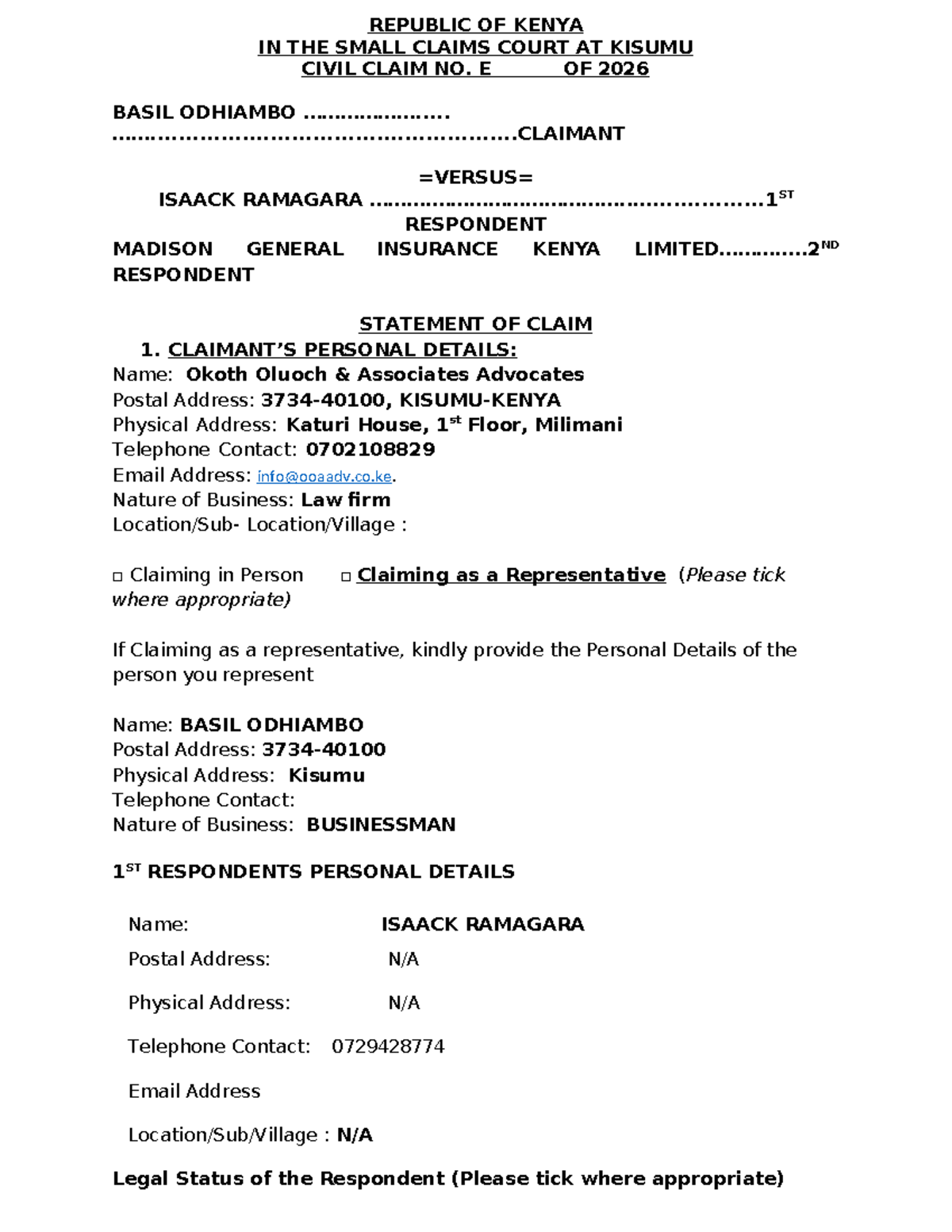 Statement of Claim: Basil Odhiambo vs. Isaack Ramagara & Madison ...