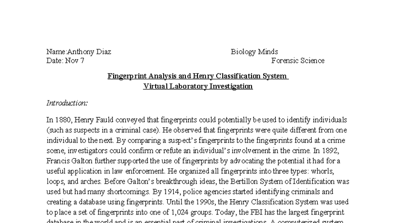 Biology 101: Forensic Science Fingerprint Analysis Lab Report - Studocu