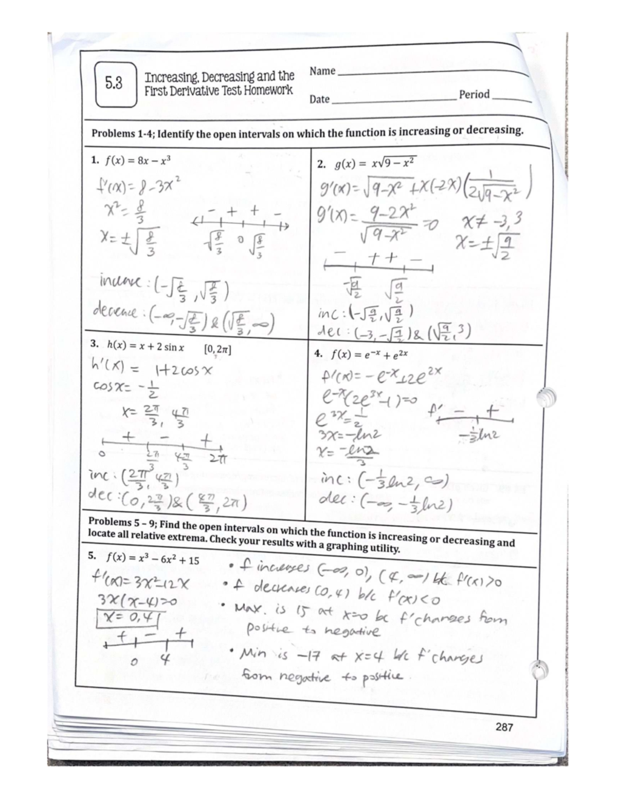 5.3 Homework - Increasing and Decreasing Functions Analysis - Studocu