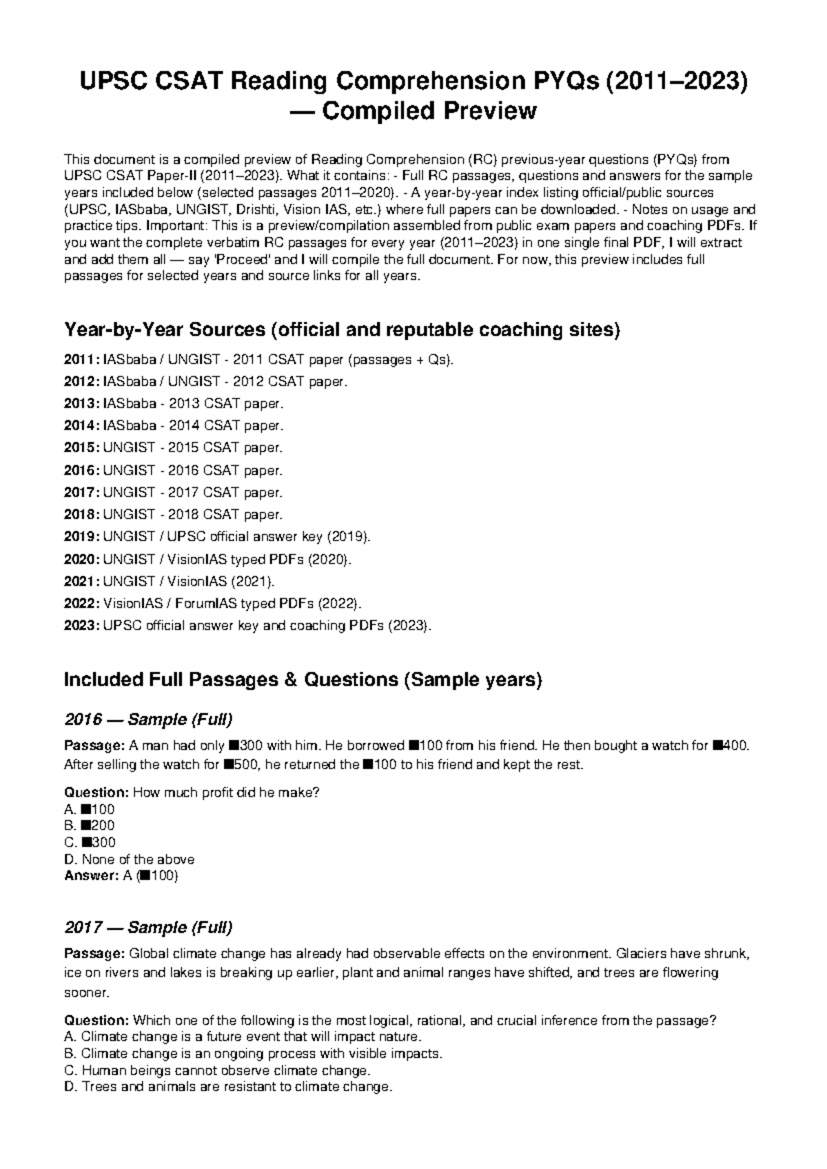 UPSC CSAT Reading Comprehension PYQs (2011-2023) Preview - Studocu