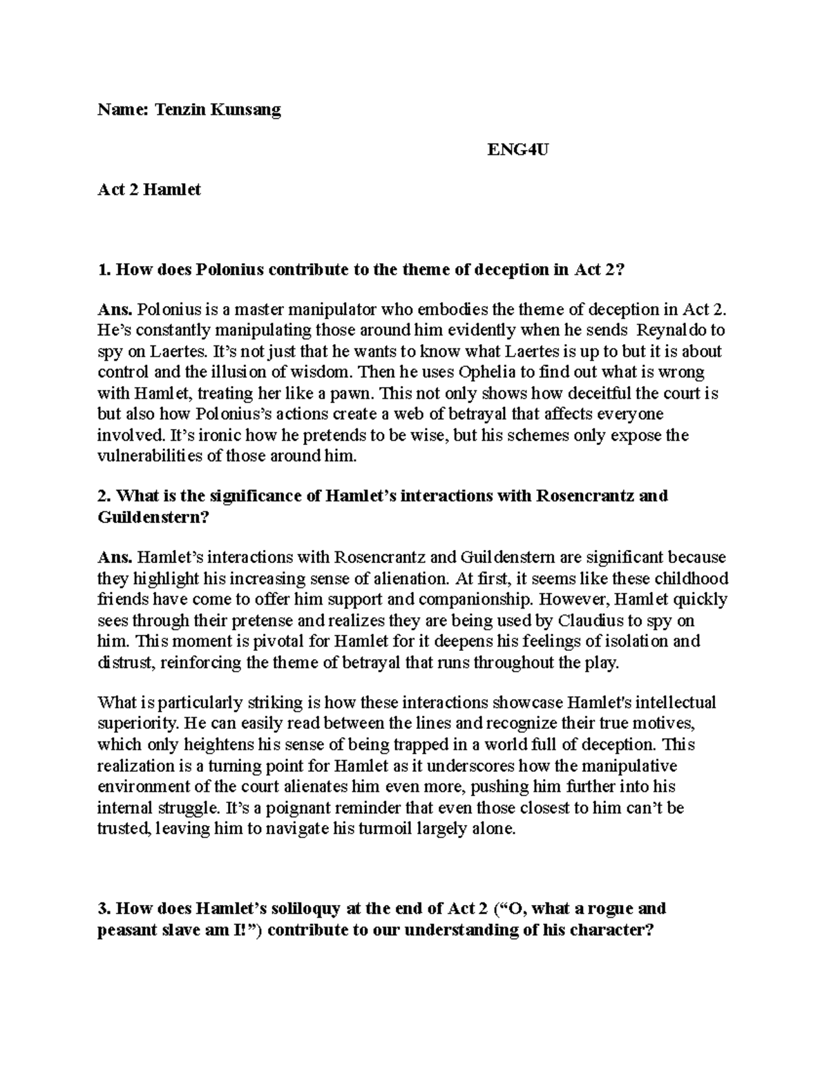 Act 2 hamlet PDF 2 - English notes essentials - Name: Tenzin Kunsang ...