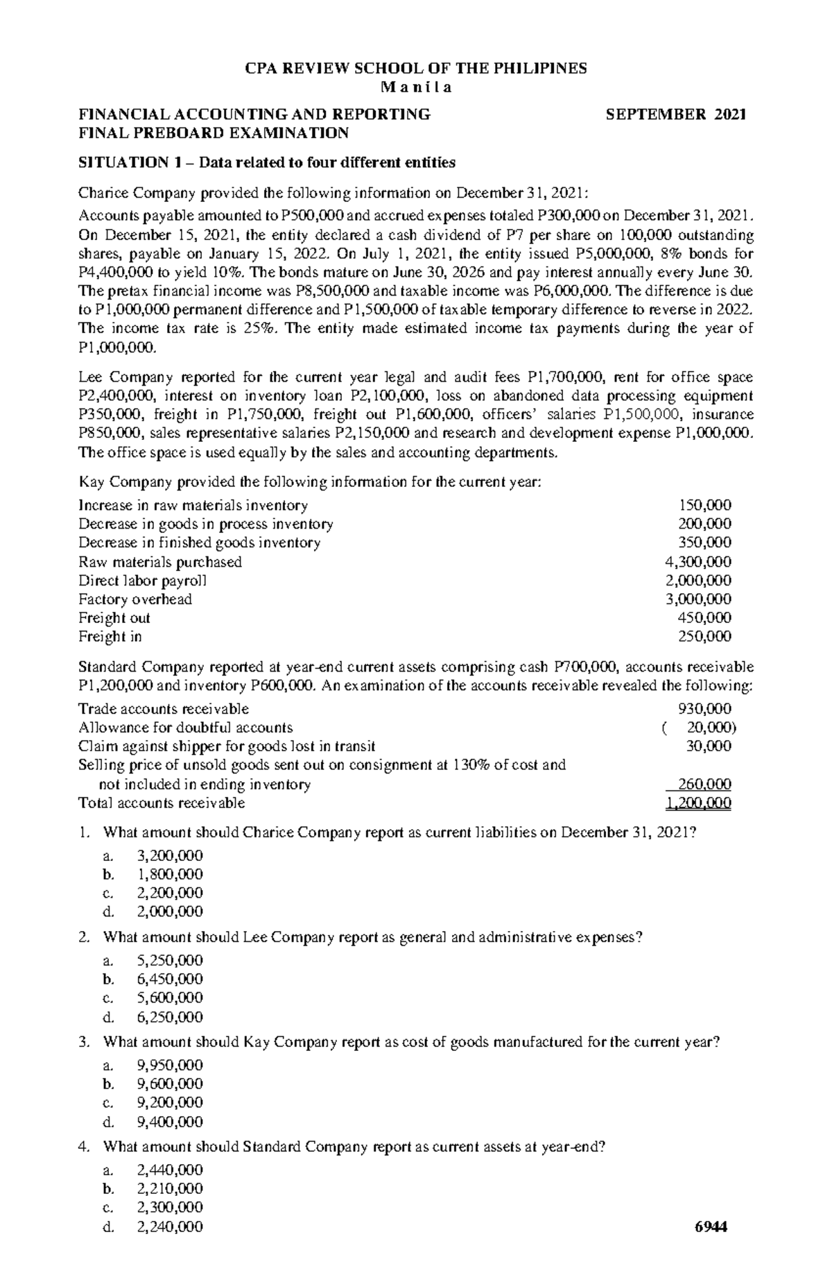 Batch 90 CPA FAR Final Preboard Exam Review - September 2021 - Studocu